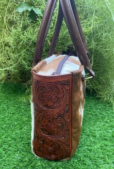 Klassy Cowgirl Brown &amp; White Hair on Cowhide Shoulder Bag with leather tooled sides #2